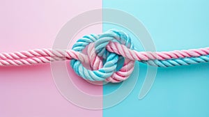 Rainbow ropes knotted together on bicolor background. Creative cooperation and teamwork concept.