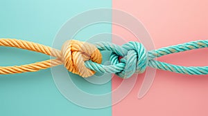 Rainbow ropes knotted together on bicolor background. Creative cooperation and teamwork concept.