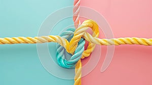 Rainbow ropes knotted together on bicolor background. Creative cooperation and teamwork concept.