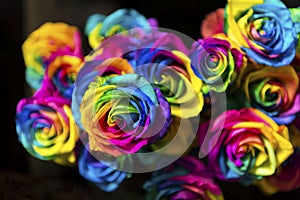 Rainbow roses with black backgrounds.
