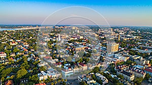 Rainbow Row and Downtown Charleston, South Carolina, USA Skyline Aerial