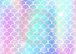 Rainbow scales background with kawaii mermaid princess pattern.