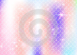 Rainbow scales background with kawaii mermaid princess pattern.