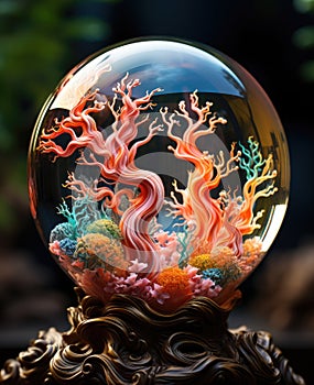 rainbow sea coral rock in clear orb glass fantasy illustration of a ball with colorful seapunk swirls