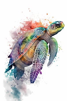 Rainbow sea turtle on white background, watercolor illustration, generative AI