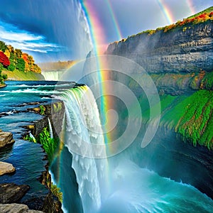 a rainbow is seen over a waterfall in the mountains and water with rocks in the foreground and a rainbow in the with