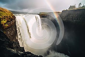 A rainbow shines in the sky over a waterfall. Generative AI image.