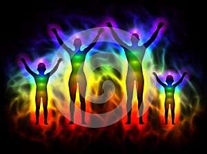 Rainbow silhouette with aura and chakras - family