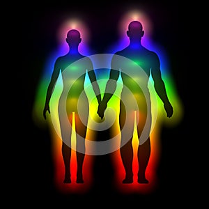 Rainbow silhouette of human body with aura - woman and man