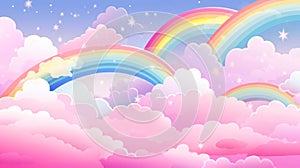 Rainbow sky background with clouds and rainbow. Vector paper illustration