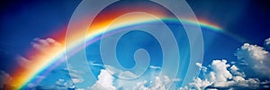 Rainbow on the sky with clouds background. Long banner with bright Rainbow and sun rays