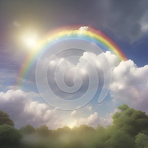 Rainbow in the sky with clouds, and sunlight. Colorful background. Ai-Generated