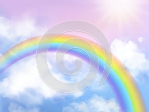 Rainbow sky. Fantasy heaven landscape rainbow in white clouds iridescent girly unicorn vector background