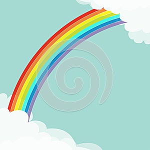 Rainbow in the sky. Fluffy cloud in corners frame template. Cloudshape. Cloudy weather. LGBT sign symbol. Flat design. Blue backgr
