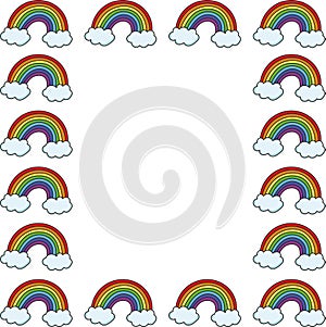 Rainbow with sky frame background on white. Pure vibrant colors. Empty space.
