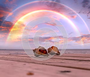rainbow at sky seashells on wooden pier at sunset at beach dramatic cloudy sky nature landscape background