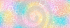 Rainbow sky with stars and bokeh. Kawaii fantasy background. Magic glitter space with iridescent texture. Abstract