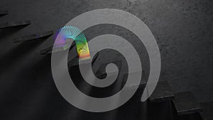 Rainbow slinky toy on the black stairs in dark room. 3D rendering.