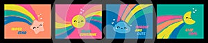 Rainbow with smiling star sun moon and cloud. Kids designs set of cute characters. Colorful vector illustrations collection