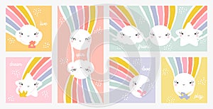 Rainbow with smiling star sun moon and cloud. Kids designs set of cute characters. Creative vector illustrations collection
