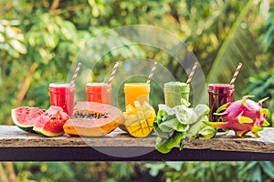 Rainbow from smoothies. Watermelon, papaya, mango, spinach and dragon fruit. Smoothies, juices, beverages, drinks