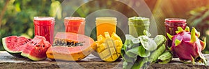 Rainbow from smoothies. Watermelon, papaya, mango, spinach and dragon fruit. Smoothies, juices, beverages, drinks