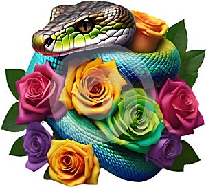 a rainbow snake tangled in a bouquet of roses. AI-Generated.