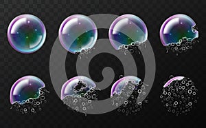 Rainbow soap bubbles explosion. Realistic break stages, 3d transparent flying balls, time lapse burst moment, bursting