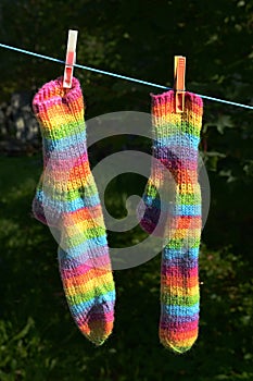 Rainbow socks hang on the clothesline