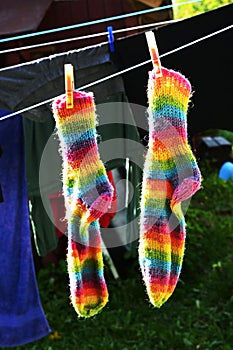 Rainbow socks hang on the clothesline