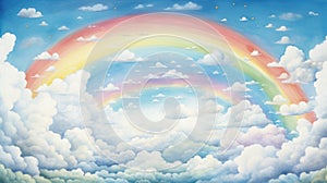 Rainbow spanning across blue sky with fluffy white clouds. Wall art wallpaper