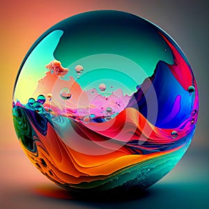 a rainbow sphere with colorful paint pouring from it on the surface