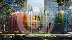 A rainbow of spines peek out from the transparent facade beckoning book lovers to step inside