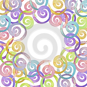 Rainbow spirals frame. Round hand drawn border on white Background. Watercolor illustration. Empty template for postcard