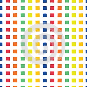 Rainbow squares. Geometric raster seamless vector pattern. Hand drawn orange, yellow, green, orange, red,and blue squares on a