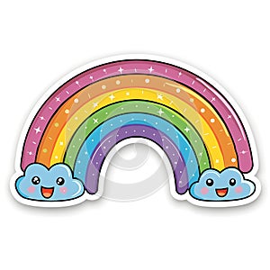 Rainbow sticker with happy ovaleyed clouds in pink and violet