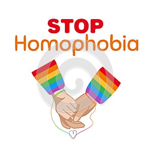 Rainbow stop sign with a hands and text Stop Homophobia for the International Day Against Homophobia. Without background