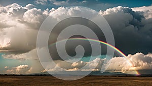 Rainbow stretching over cloudy sky above field, Bank of clouds slowly passing by with a rainbow appearing, AI Generated