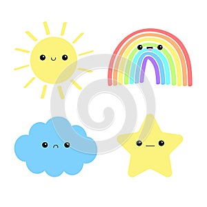 Rainbow, sun, cloud, star icon set. Cute cartoon kawaii funny baby character. Smiling face emotion. Baby charcter collection. Flat