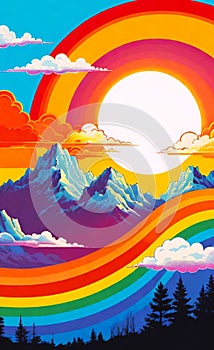 Rainbow with Sun and Clouds. Poster, background, postcard, greeting card, sticker, label, banner.