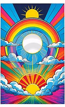 Rainbow with Sun and Clouds. Poster, background, postcard, greeting card, sticker, label, banner.