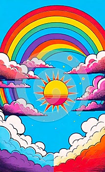 Rainbow with Sun and Clouds. Poster, background, postcard, greeting card, sticker, label, banner.