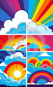 Rainbow with Sun and Clouds. Poster, background, postcard, greeting card, sticker, label, banner.