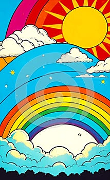 Rainbow with Sun and Clouds. Poster, background, postcard, greeting card, sticker, label, banner.