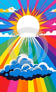 Rainbow with Sun and Clouds. Poster, background, postcard, greeting card, sticker, label, banner.