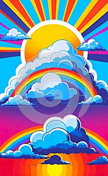 Rainbow with Sun and Clouds. Poster, background, postcard, greeting card, sticker, label, banner.