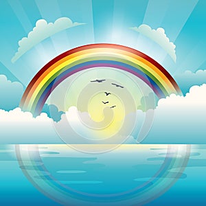 rainbow with sun and clouds. Vector illustration decorative design