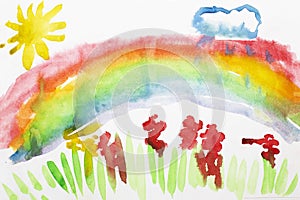 Rainbow sun and flowers. Real drawing of a small child. Drawing by watercolor.