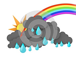 Rainbow, Sun and Rainclouds with drops on white background. 3d illustration