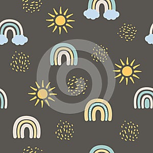 Rainbow and sun seamless pattern on dark background. Illustration in cartoon Scandinavian style for kids wrapping paper